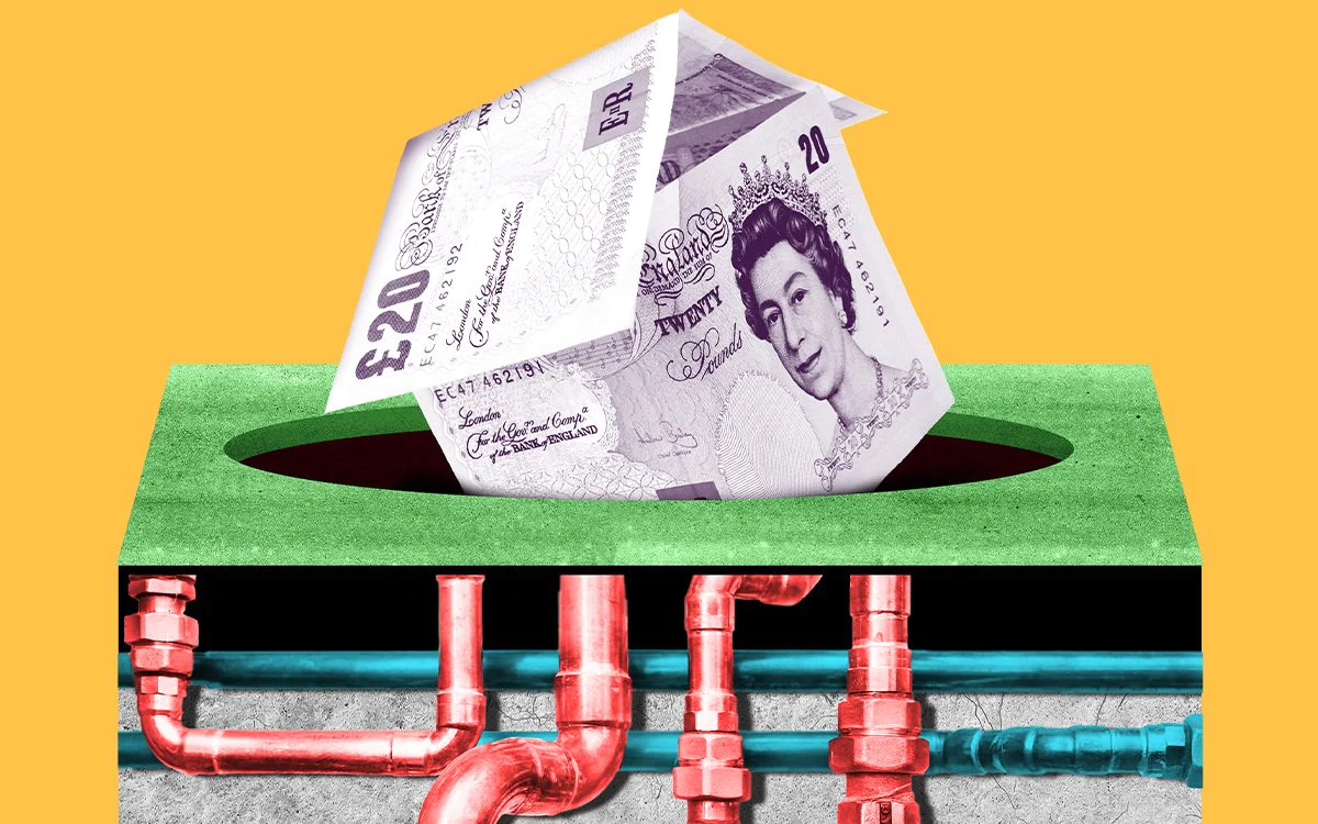 A house of money in a hole with central heating pipes heat-pumps